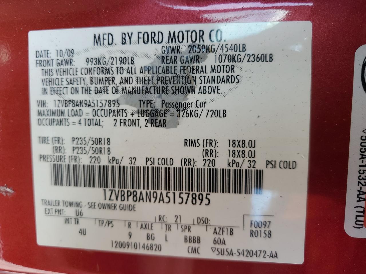 2010 Ford Mustang VIN: 1ZVBP8AN9A5157895 Lot: 80899275