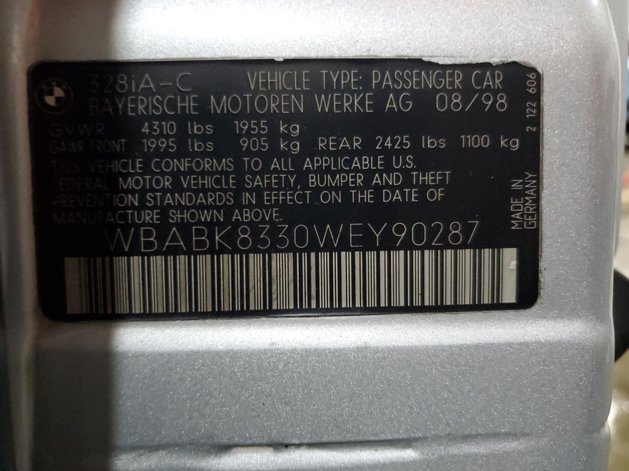 1998 BMW 328 Ic Automatic VIN: WBABK8330WEY90287 Lot: 80533895