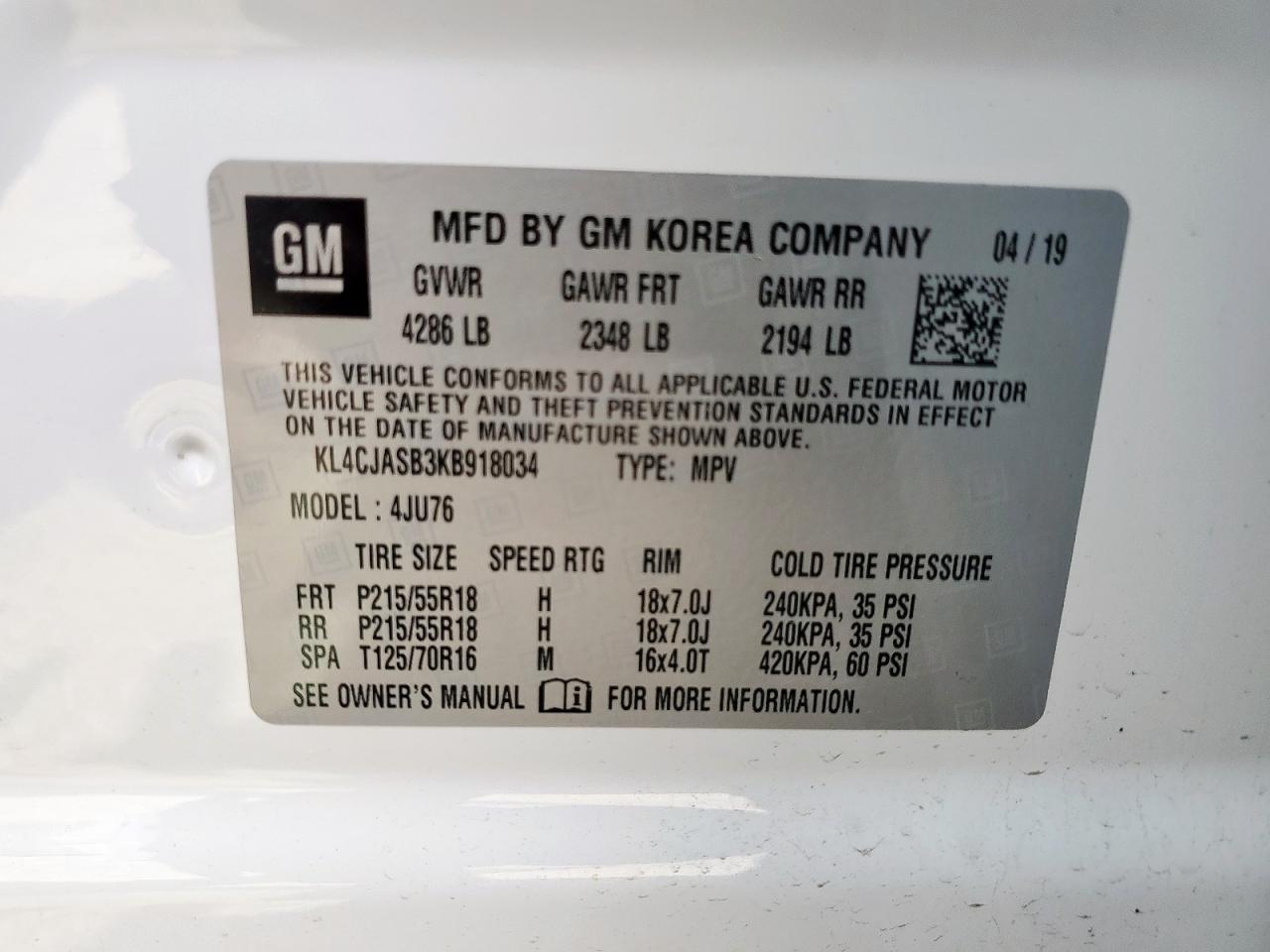 2019 Buick Encore Preferred VIN: KL4CJASB3KB918034 Lot: 80646495