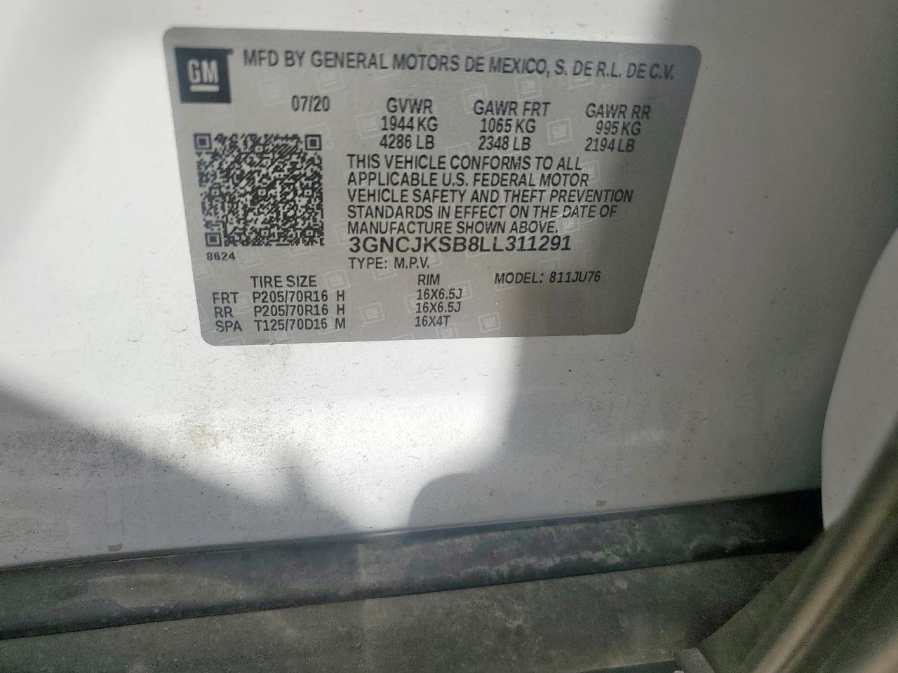 2020 Chevrolet Trax Ls VIN: 3GNCJKSB8LL311291 Lot: 82084125