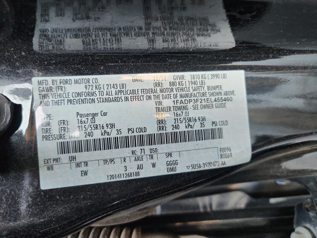 2014 Ford Focus Se VIN: 1FADP3F21EL455460 Lot: 71161985