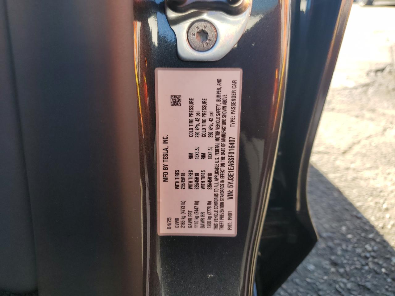 2025 Tesla Model 3 VIN: 5YJ3E1EA6SF016407 Lot: 70894525