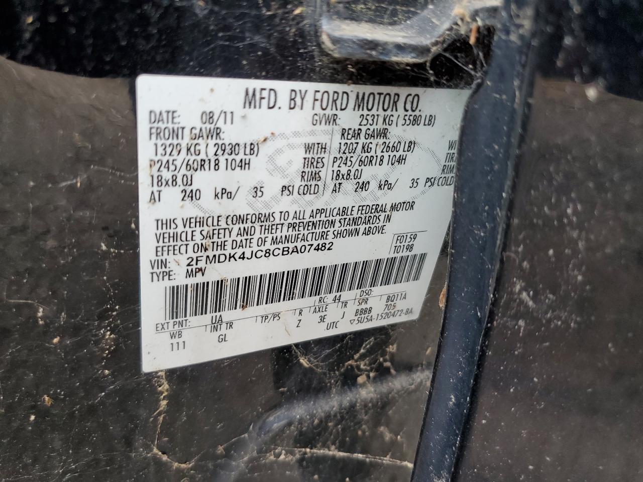 2012 Ford Edge Sel VIN: 2FMDK4JC8CBA07482 Lot: 81146035