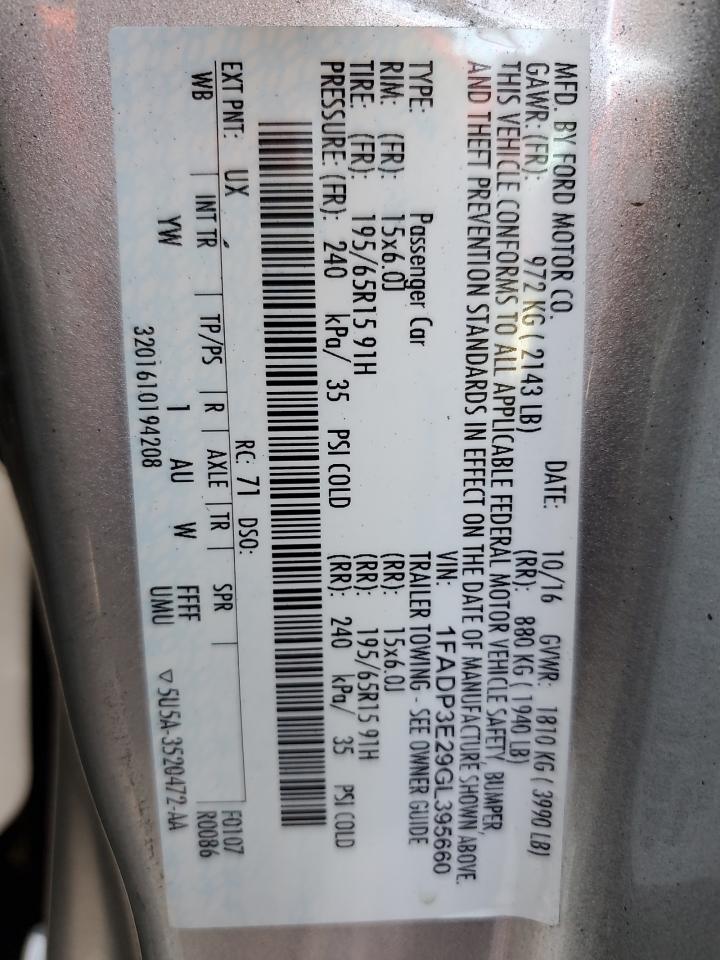 2016 Ford Focus S VIN: 1FADP3E29GL395660 Lot: 70709995