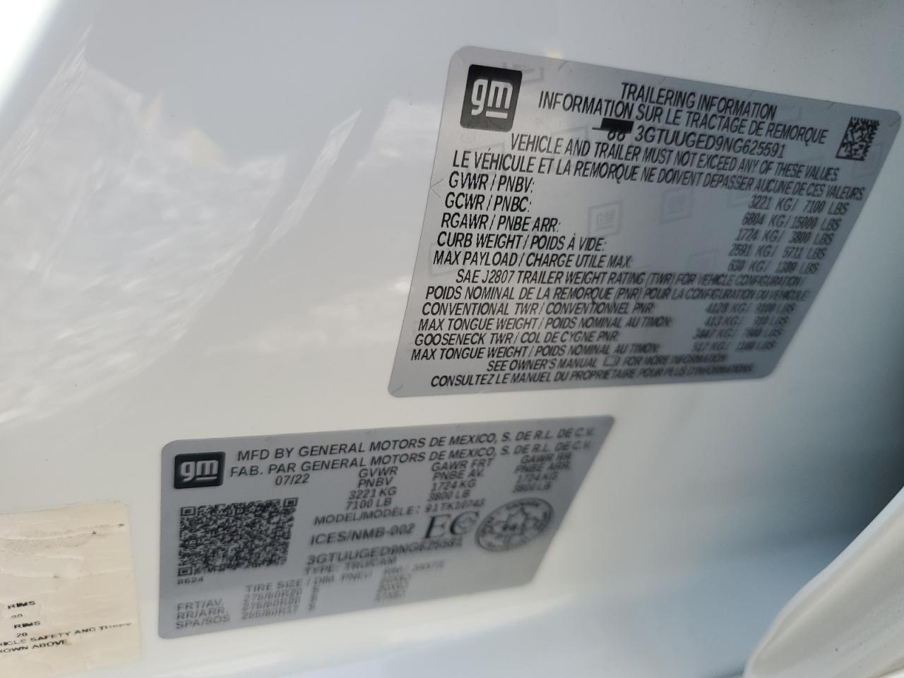 2022 GMC Sierra K1500 Denali VIN: 3GTUUGED9NG625591 Lot: 71720785