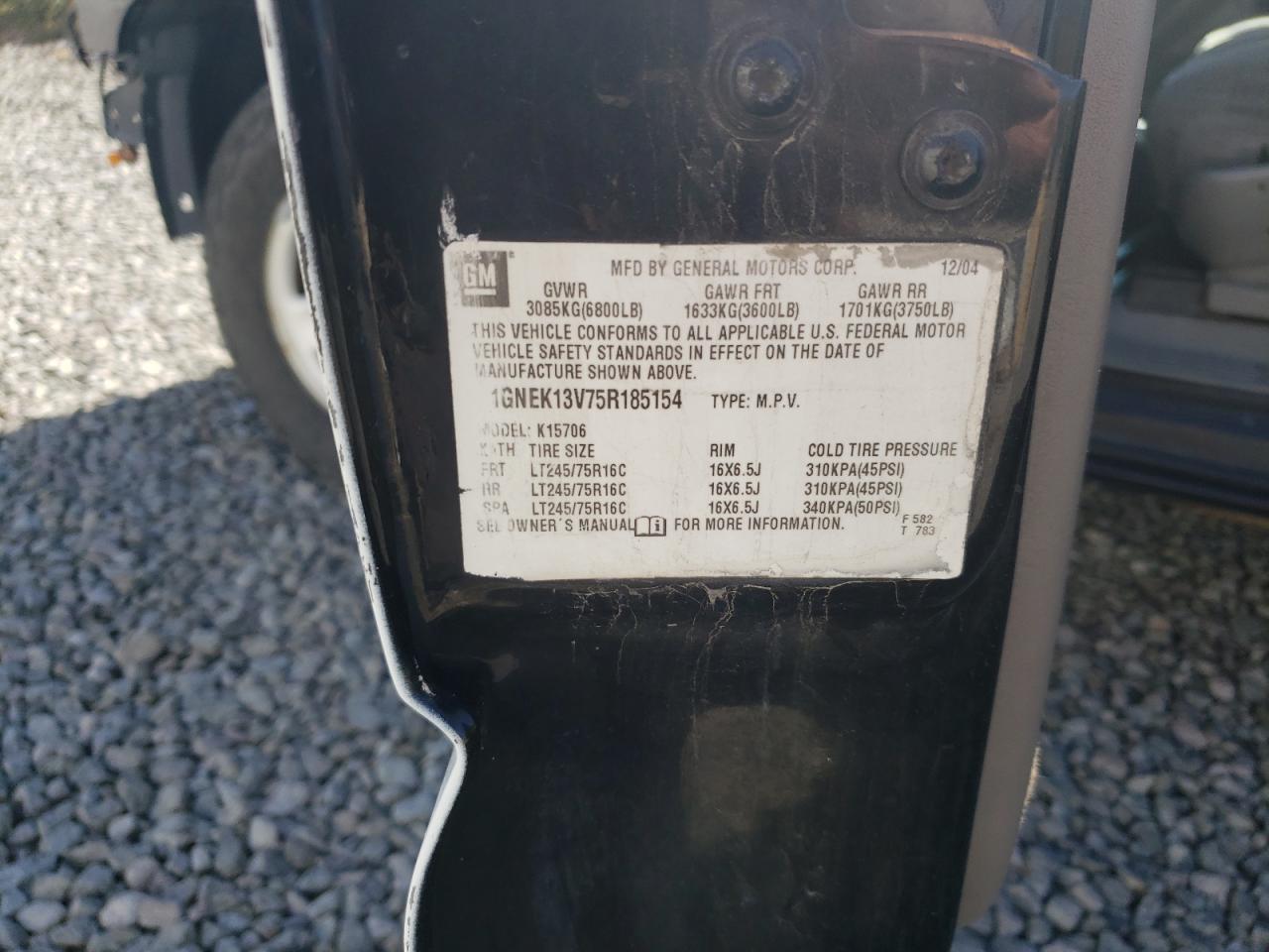 2005 Chevrolet Tahoe K1500 VIN: 1GNEK13V75R185154 Lot: 80926305