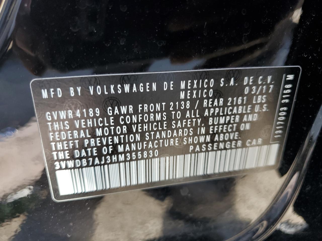 2017 Volkswagen Jetta Se VIN: 3VWDB7AJ3HM355830 Lot: 80644585