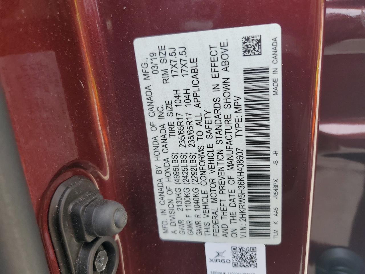 2019 Honda Cr-V Lx VIN: 2HKRW5H36KH408607 Lot: 81747115