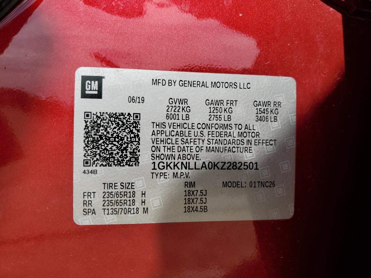 2019 GMC Acadia Sle VIN: 1GKKNLLA0KZ282501 Lot: 71879965