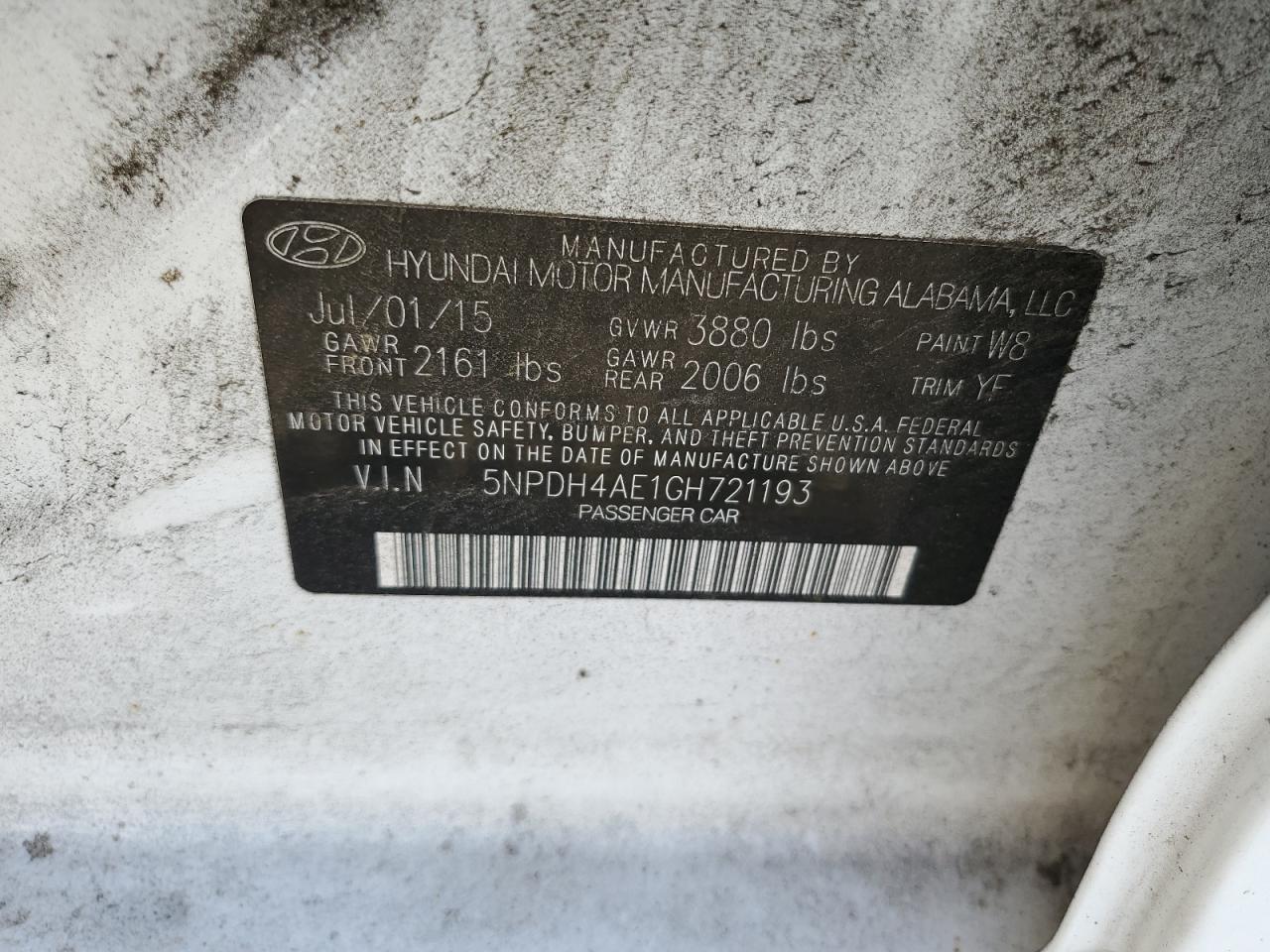 2016 Hyundai Elantra Se VIN: 5NPDH4AE1GH721193 Lot: 80992155