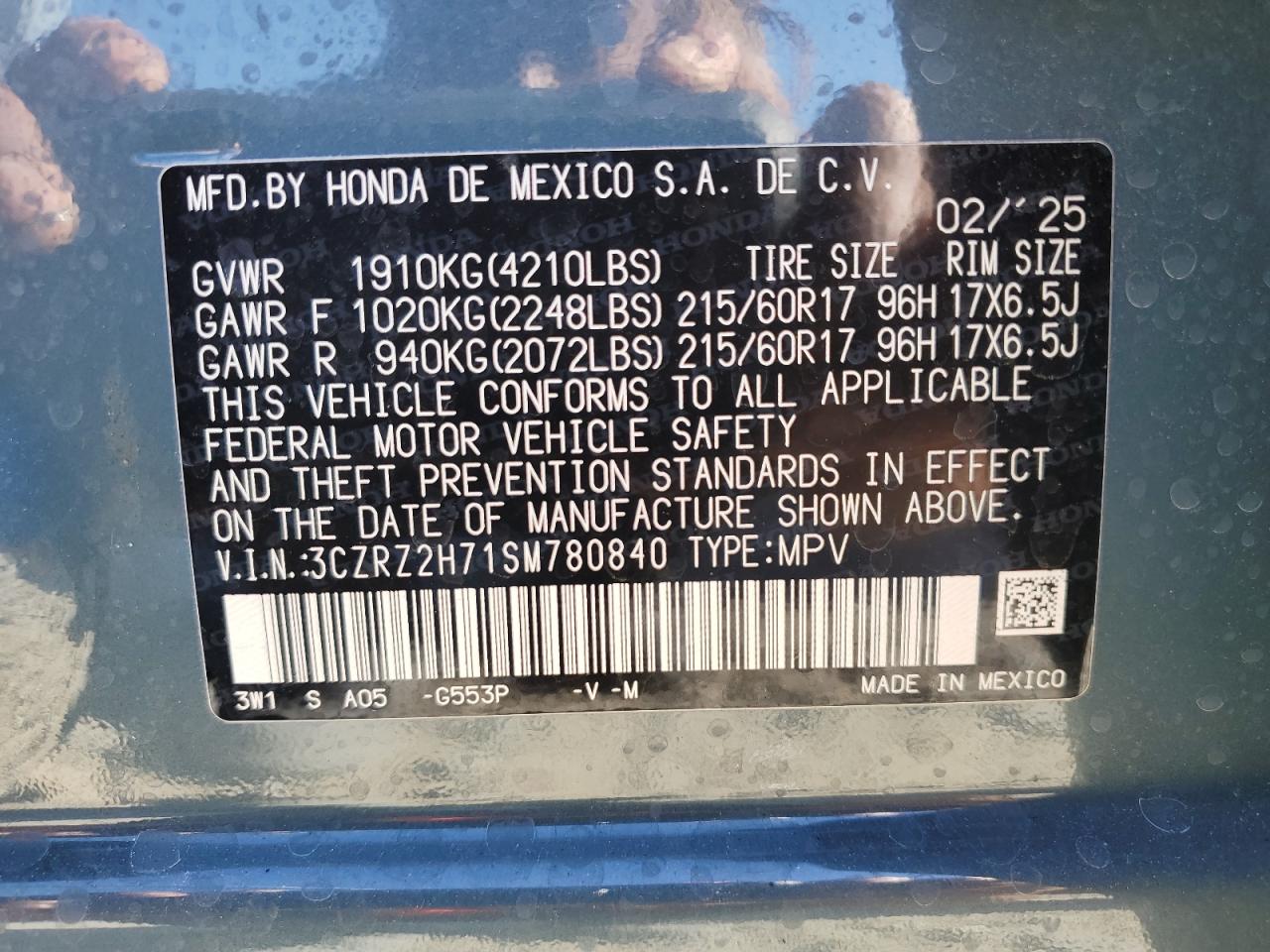 2025 Honda Hr-V Exl VIN: 3CZRZ2H71SM780840 Lot: 71195525