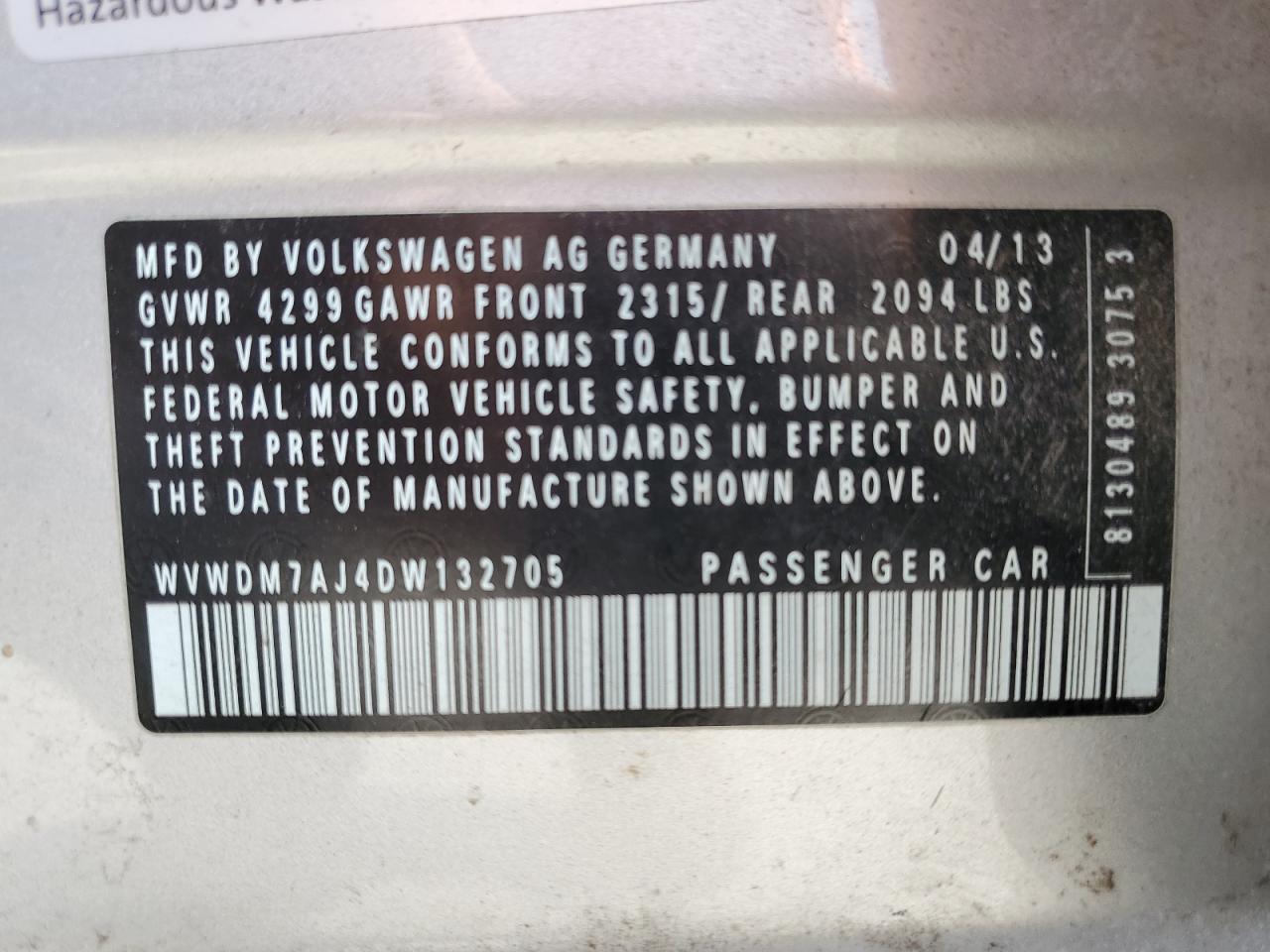 2013 Volkswagen Golf VIN: WVWDM7AJ4DW132705 Lot: 80108565