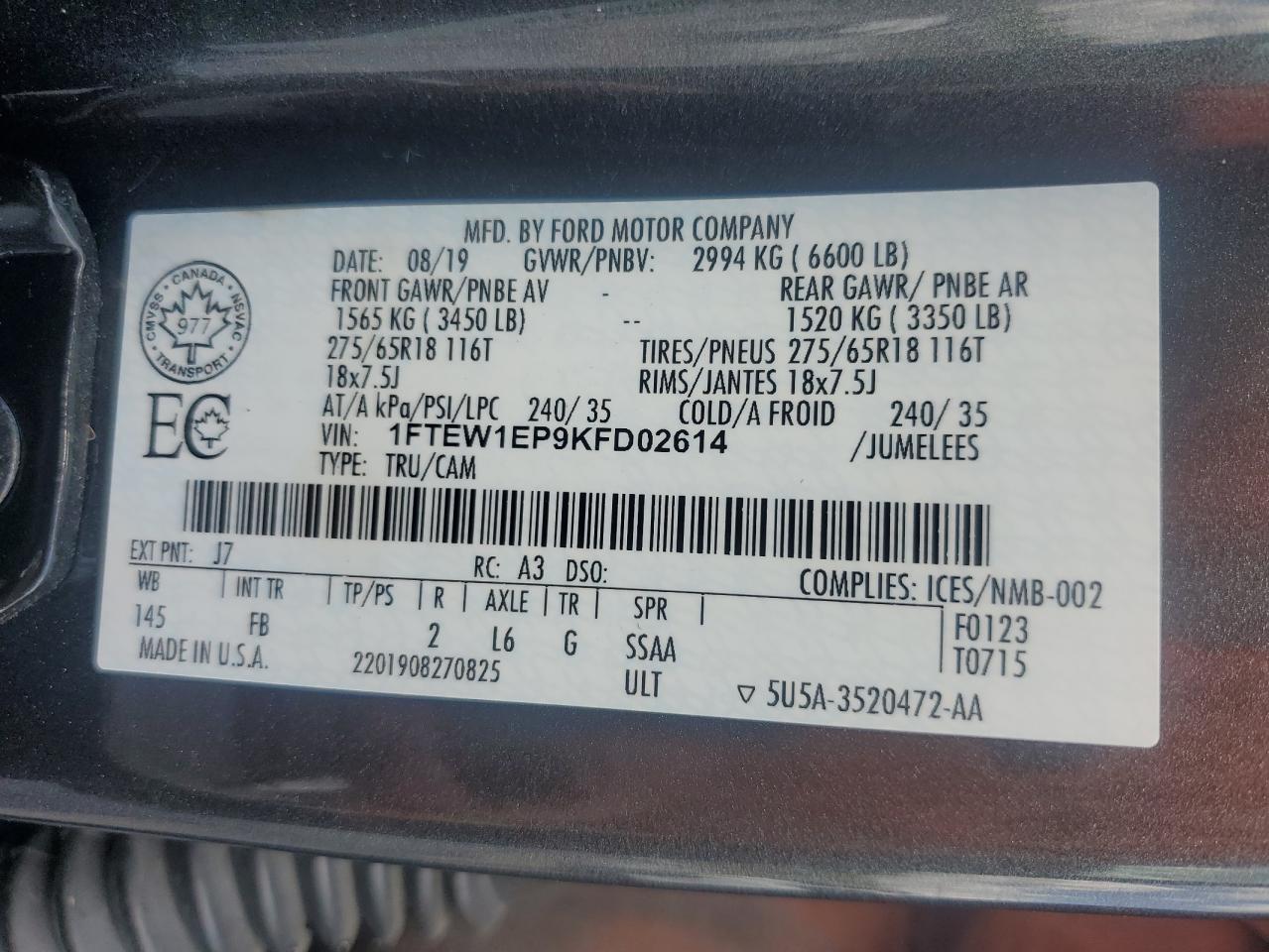 2019 Ford F150 Supercrew VIN: 1FTEW1EP9KFD02614 Lot: 71655115