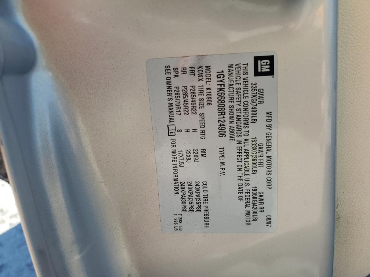 2008 Cadillac Escalade Esv VIN: 1GYFK66808R124906 Lot: 81298685