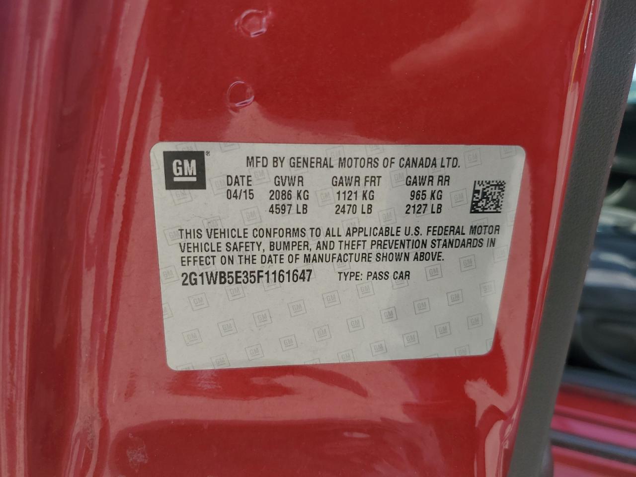 2015 Chevrolet Impala Limited Lt VIN: 2G1WB5E35F1161647 Lot: 80444895