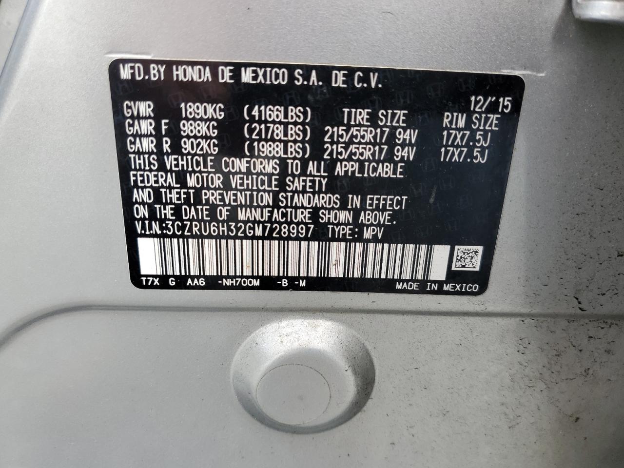 2016 Honda Hr-V Lx VIN: 3CZRU6H32GM728997 Lot: 71981925