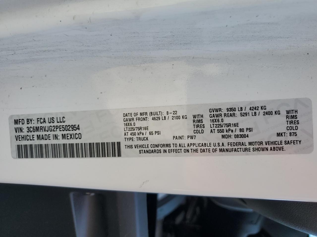 2023 Ram Promaster 3500 3500 High VIN: 3C6MRVJG2PE502954 Lot: 71770005