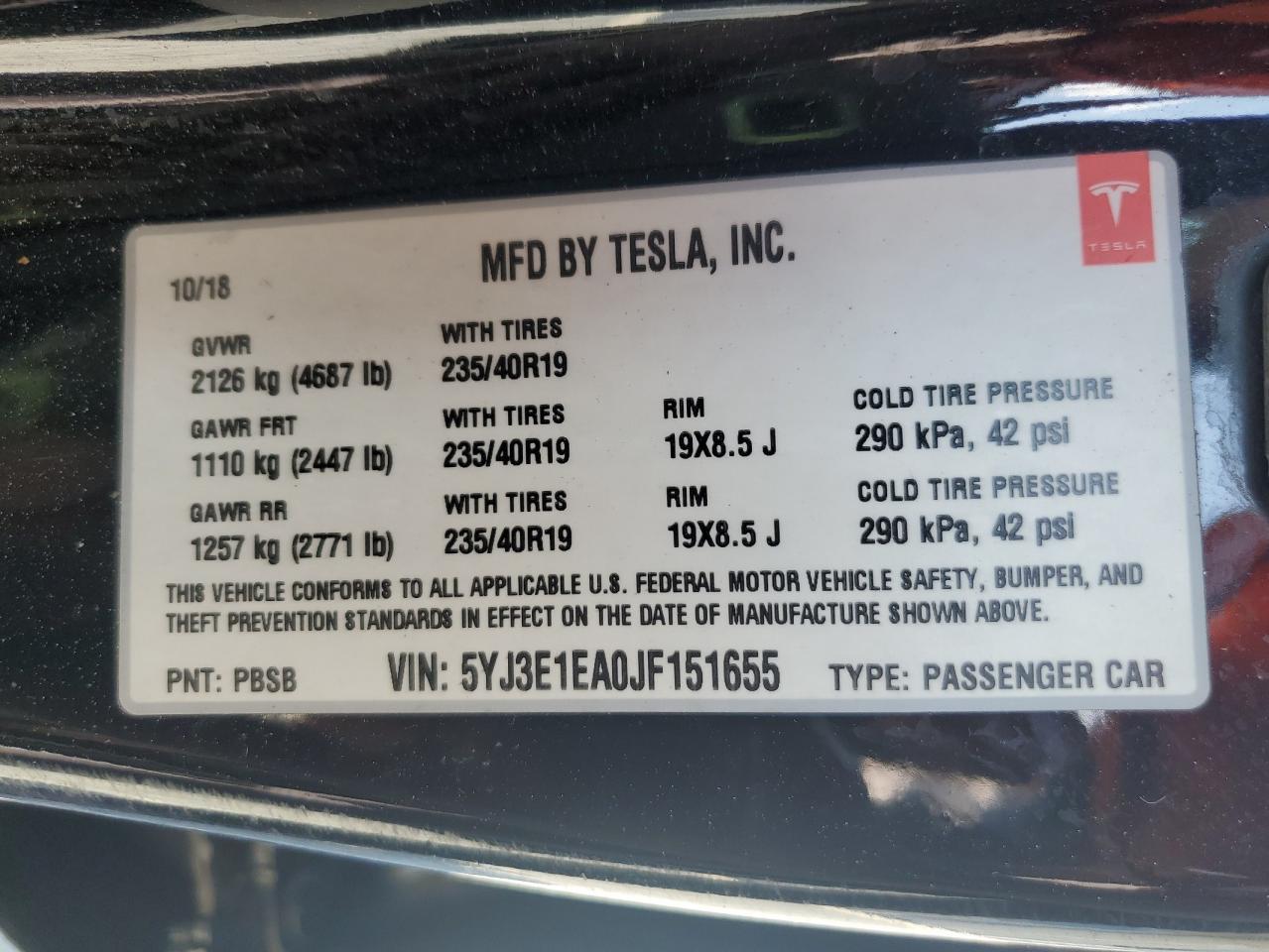 2018 Tesla Model 3 VIN: 5YJ3E1EA0JF151655 Lot: 80851525