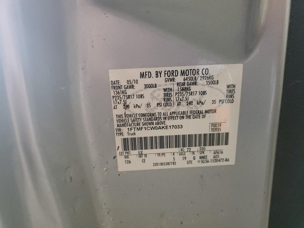2010 Ford F150 VIN: 1FTMF1CW0AKE17033 Lot: 80949555