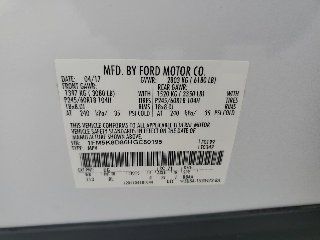 2017 Ford Explorer Xlt VIN: 1FM5K8D86HGC80195 Lot: 83875465