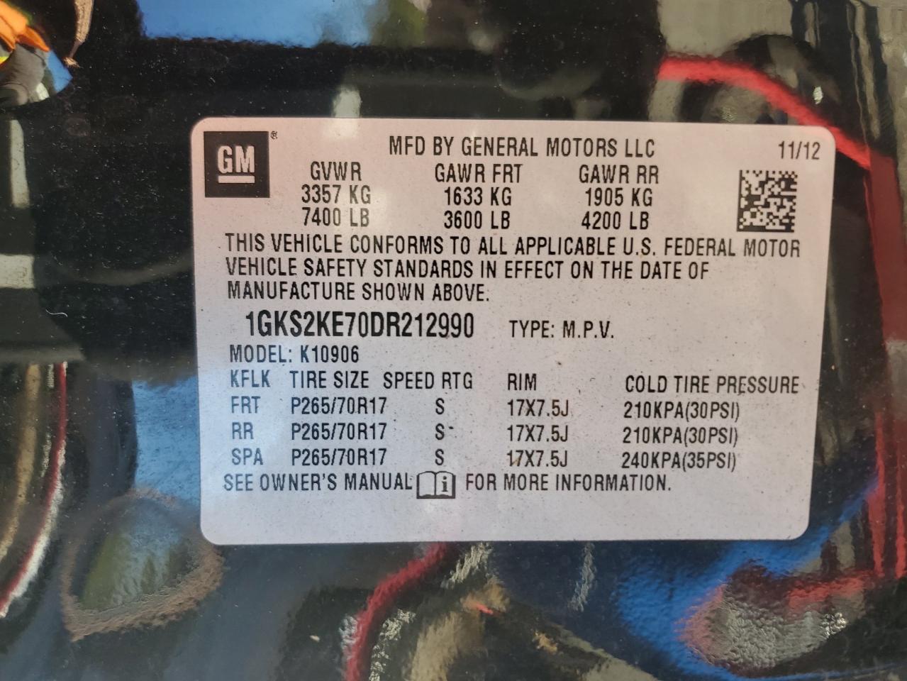 2013 GMC Yukon Xl K1500 Slt VIN: 1GKS2KE70DR212990 Lot: 81460875