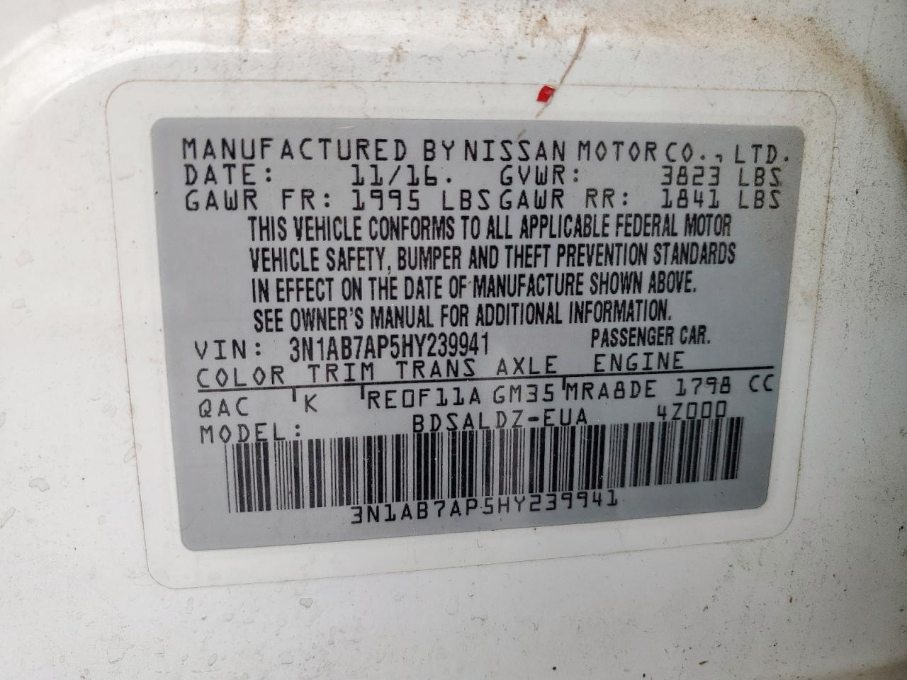 2017 Nissan Sentra S VIN: 3N1AB7AP5HY239941 Lot: 83769215