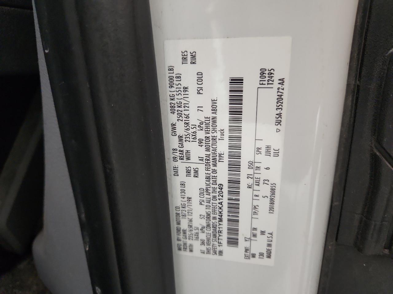 2019 Ford Transit T-250 VIN: 1FTYR1YM4KKA12049 Lot: 81594115