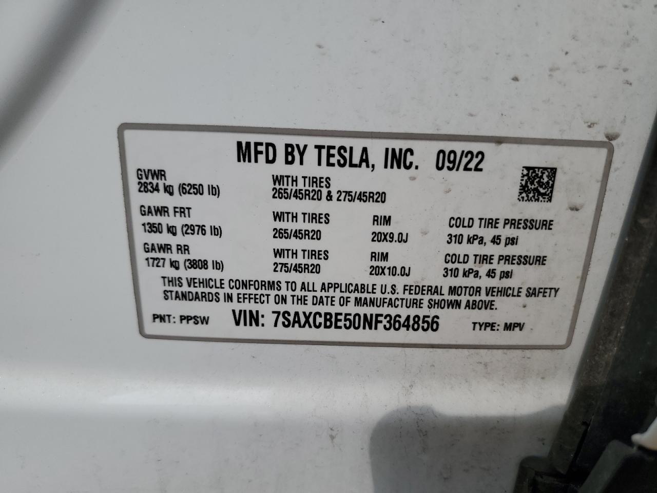 2022 Tesla Model X VIN: 7SAXCBE50NF364856 Lot: 71792135