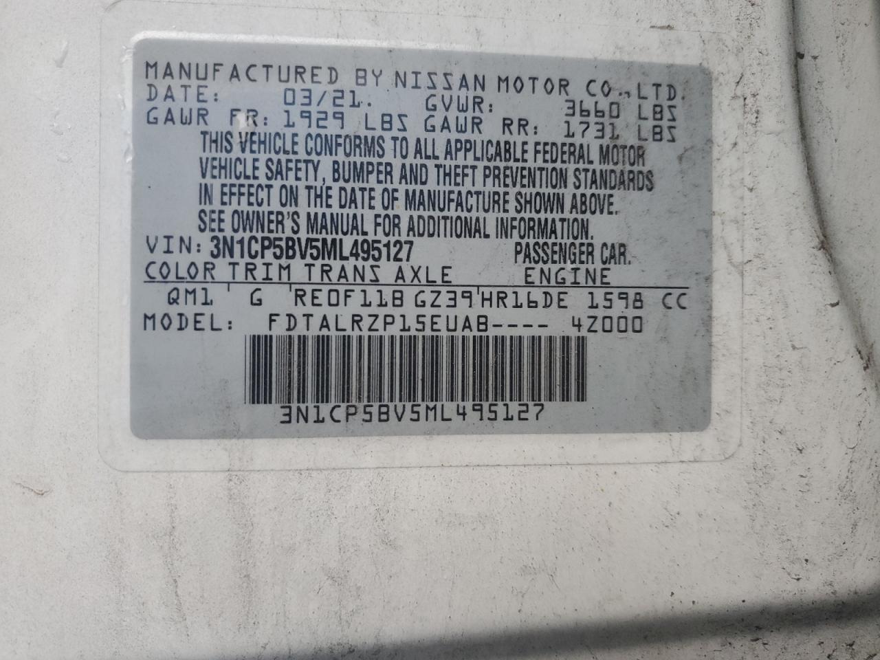 2021 Nissan Kicks S VIN: 3N1CP5BV5ML495127 Lot: 83967605