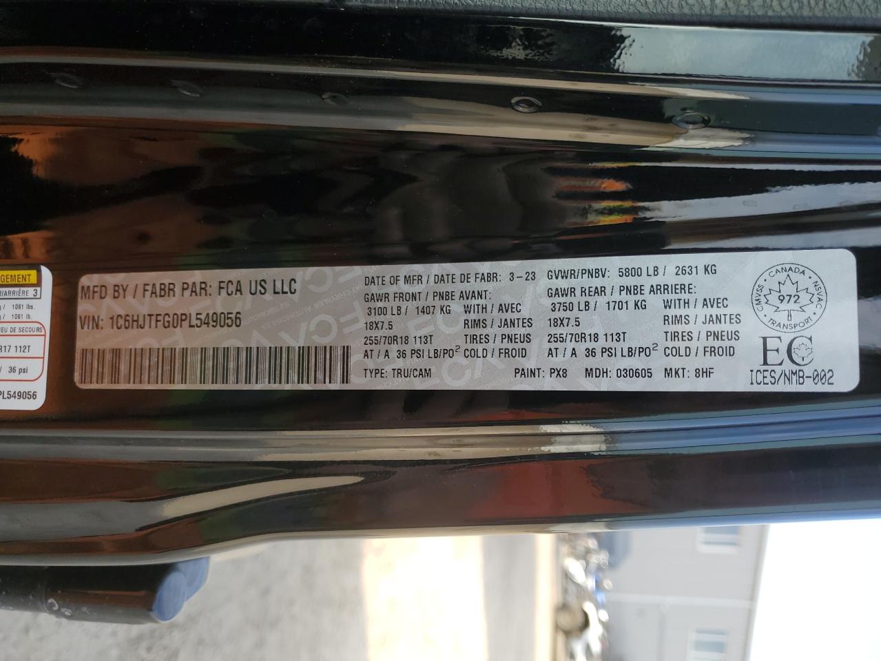 2023 Jeep Gladiator Overland VIN: 1C6HJTFG0PL549056 Lot: 70843275