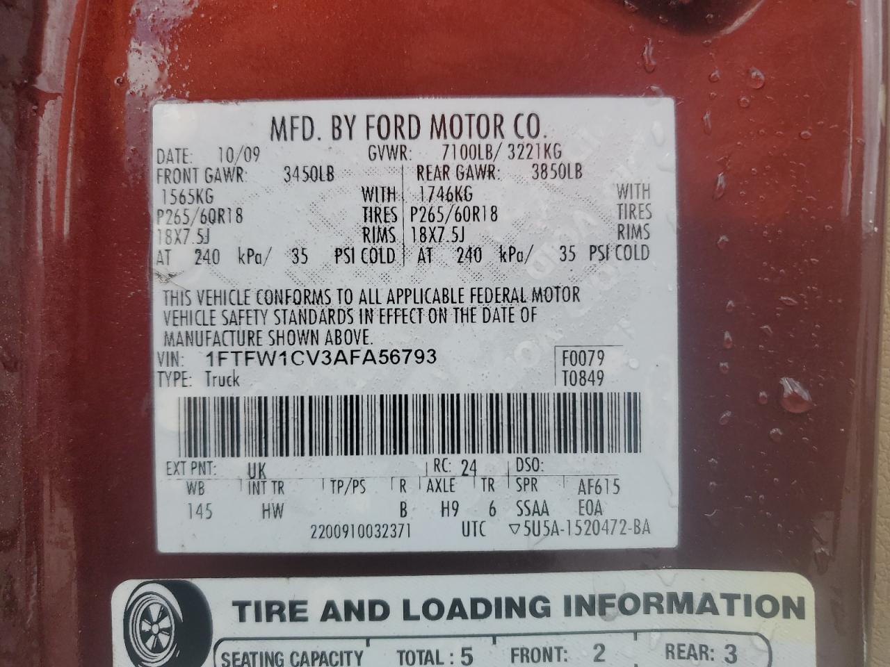 2010 Ford F150 Supercrew VIN: 1FTFW1CV3AFA56793 Lot: 84546025