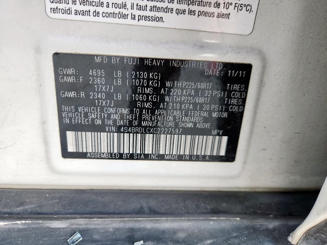 2012 Subaru Outback 3.6R Limited VIN: 4S4BRDLCXC2227597 Lot: 81091145