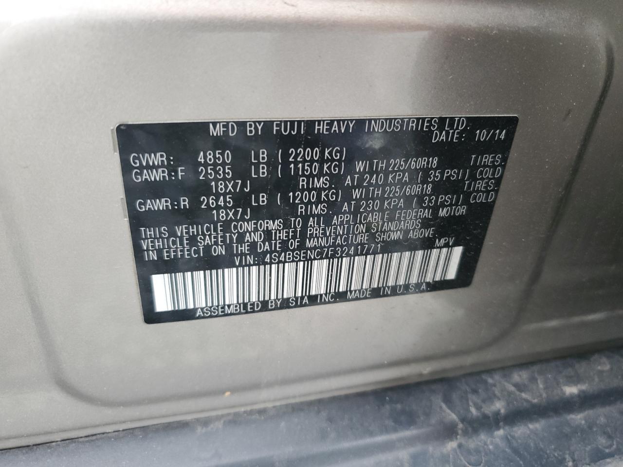 2015 Subaru Outback 3.6R Limited VIN: 4S4BSENC7F3241771 Lot: 80152205