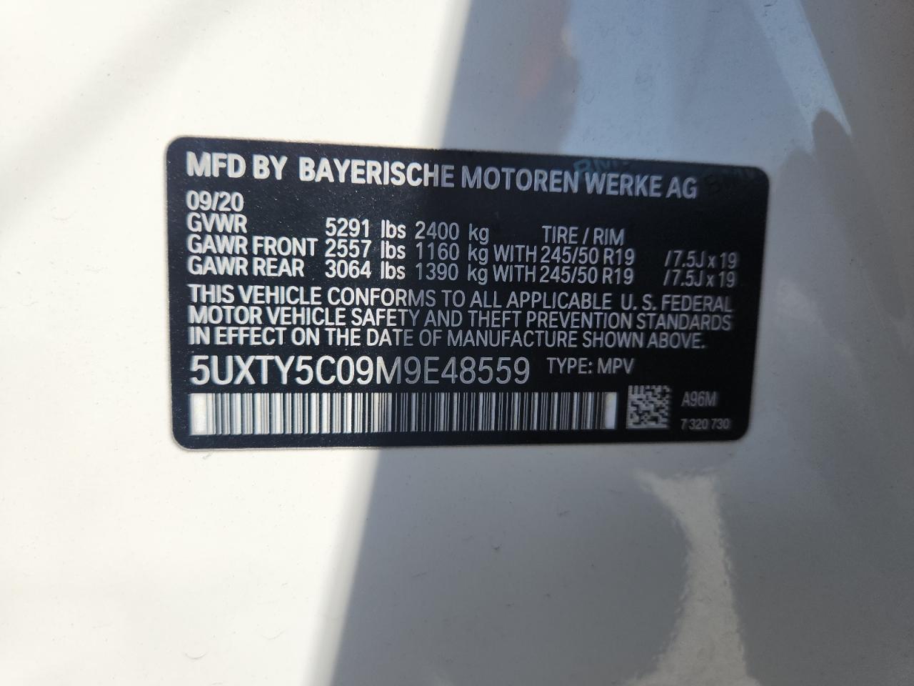 2021 BMW X3 xDrive30I VIN: 5UXTY5C09M9E48559 Lot: 71539305