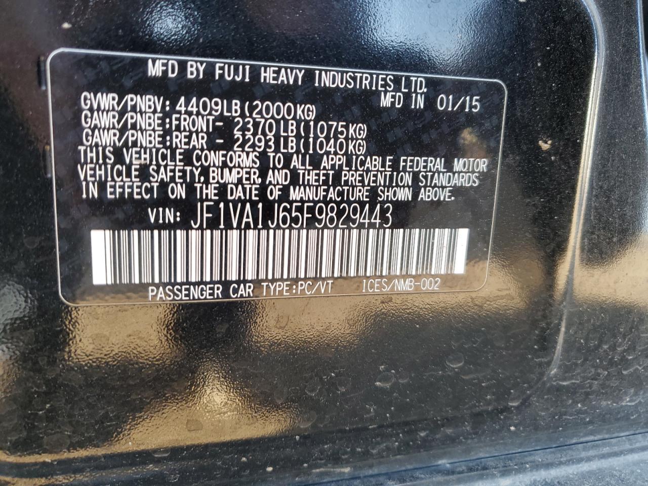 2015 Subaru Wrx Limited VIN: JF1VA1J65F9829443 Lot: 80784455