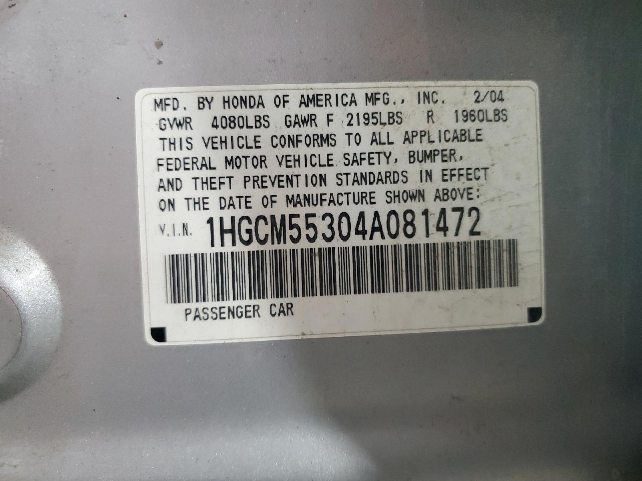 2004 Honda Accord Lx VIN: 1HGCM55304A081472 Lot: 71306265
