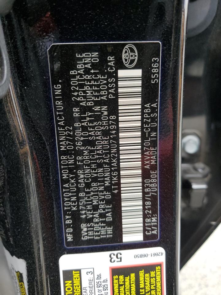 2022 Toyota Camry Xse VIN: 4T1K61AK2NU714978 Lot: 81801295