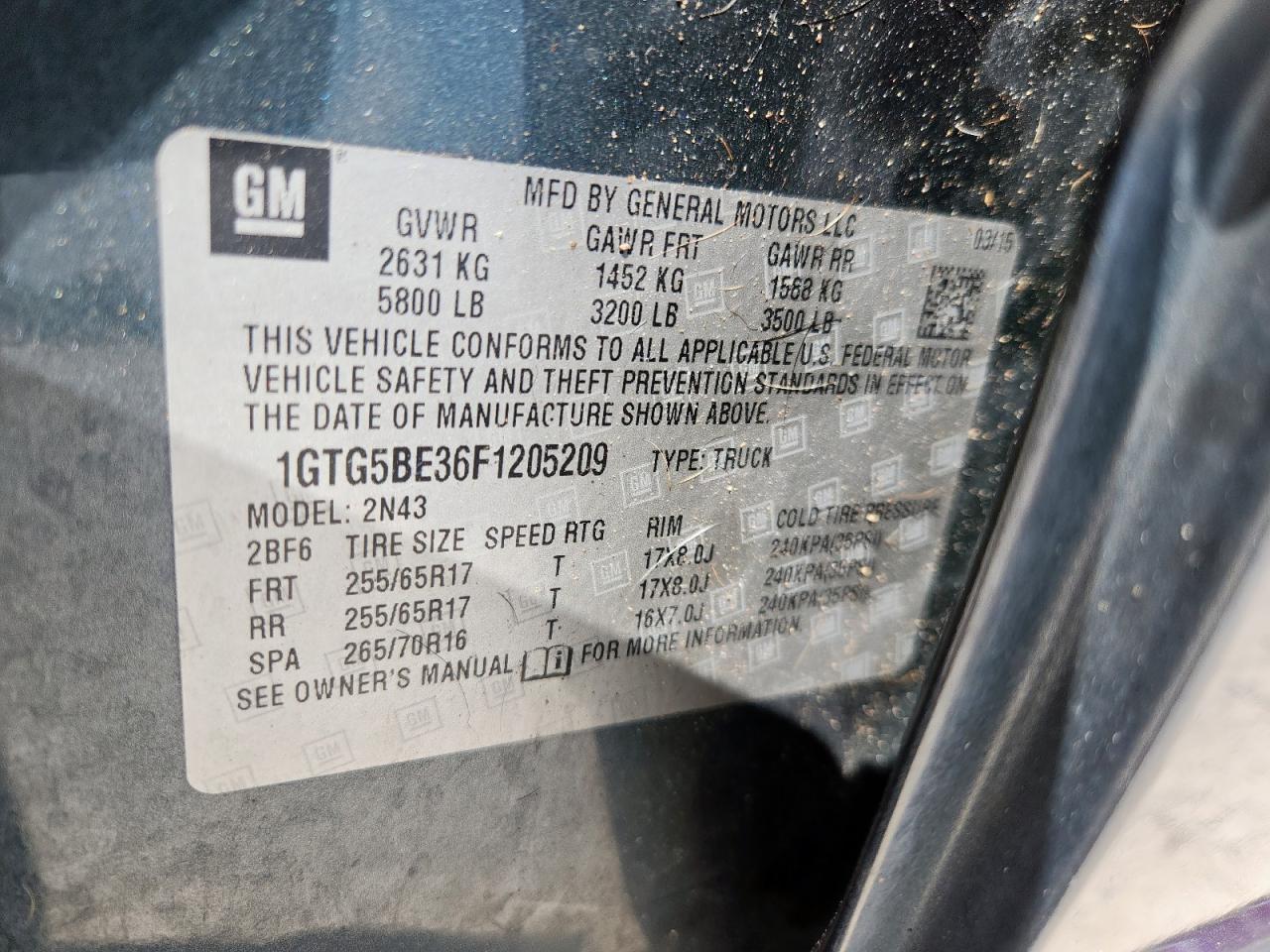 2015 GMC Canyon Sle VIN: 1GTG5BE36F1205209 Lot: 81392465