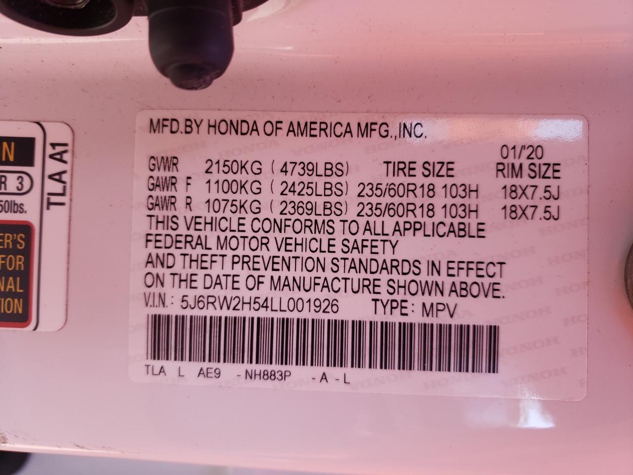 2020 Honda Cr-V Ex VIN: 5J6RW2H54LL001926 Lot: 80642565