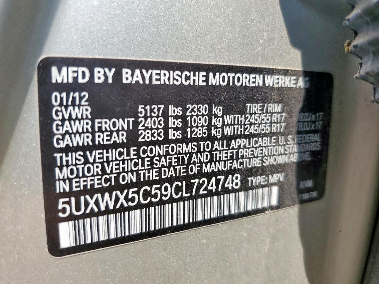 2012 BMW X3 xDrive28I VIN: 5UXWX5C59CL724748 Lot: 71045245