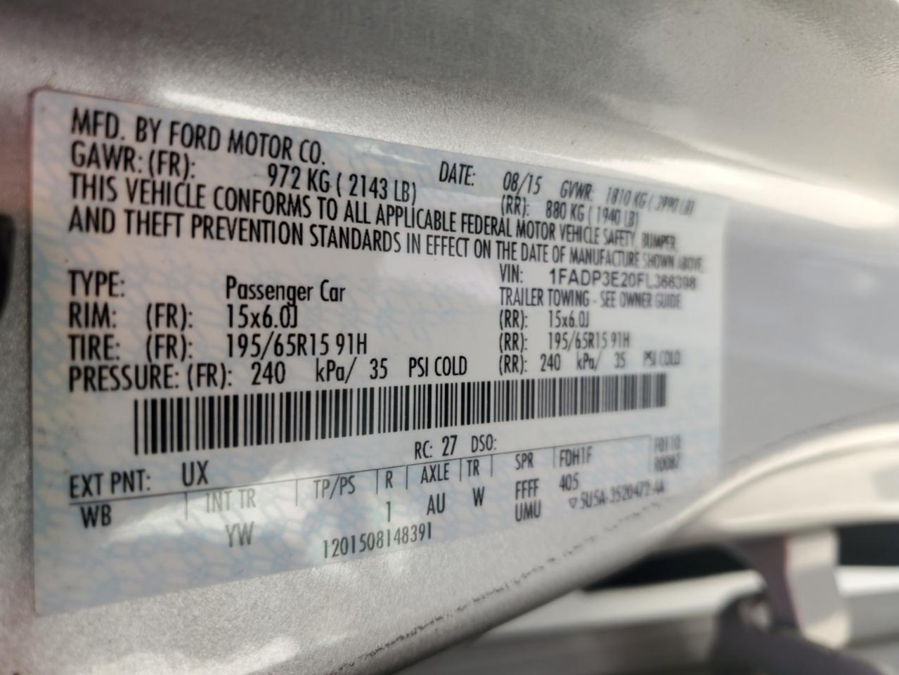 2015 Ford Focus S VIN: 1FADP3E20FL366398 Lot: 80957785