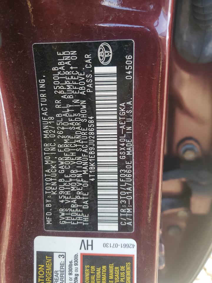 2018 Toyota Avalon Xle VIN: 4T1BK1EB9JU286584 Lot: 71428845