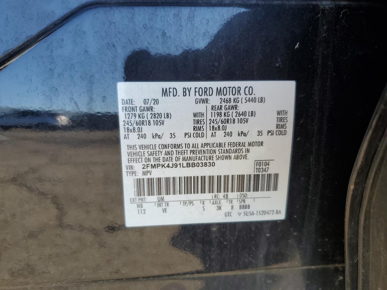 2020 Ford Edge Sel VIN: 2FMPK4J91LBB03830 Lot: 71218715
