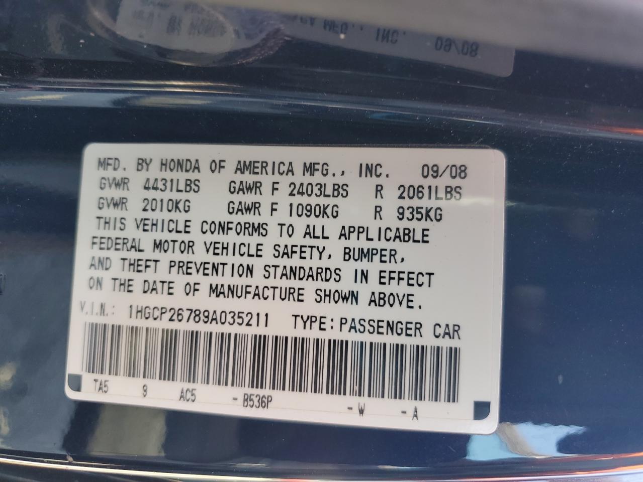 2009 Honda Accord Ex VIN: 1HGCP26789A035211 Lot: 80649035