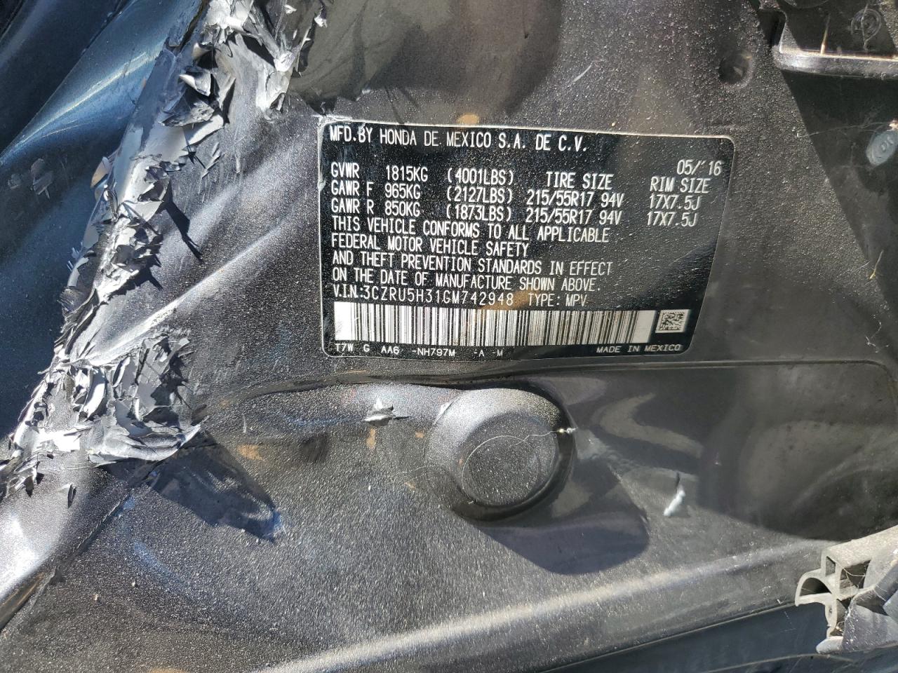 2016 Honda Hr-V Lx VIN: 3CZRU5H31GM742948 Lot: 71134425