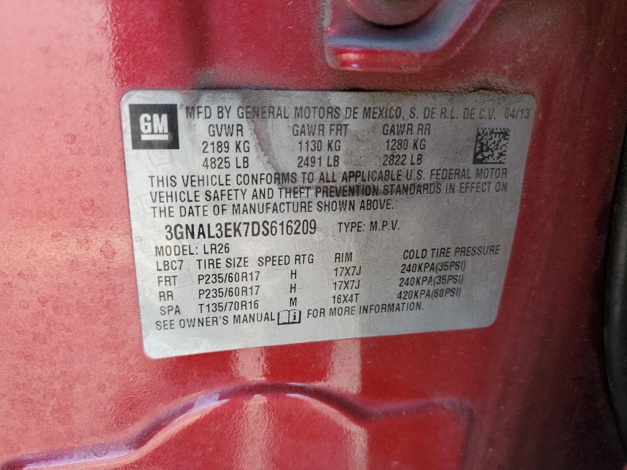 2013 Chevrolet Captiva Lt VIN: 3GNAL3EK7DS616209 Lot: 82083315