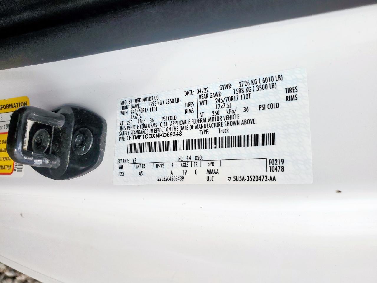 2022 Ford F150 VIN: 1FTMF1CBXNKD69348 Lot: 83928705