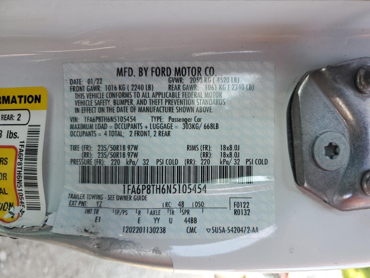 2022 Ford Mustang VIN: 1FA6P8TH6N5105454 Lot: 72078825