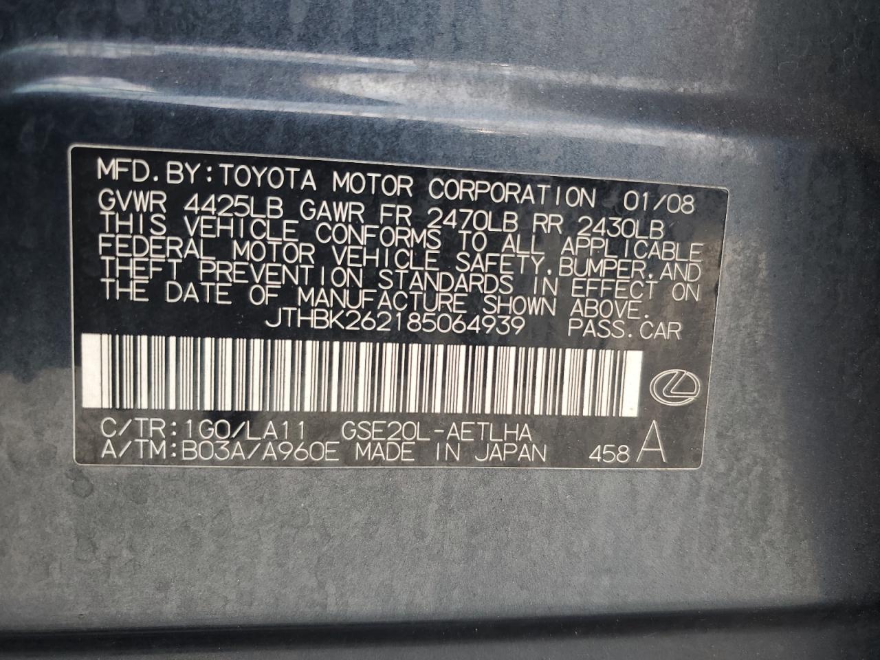 2008 Lexus Is 250 VIN: JTHBK262185064939 Lot: 81410015