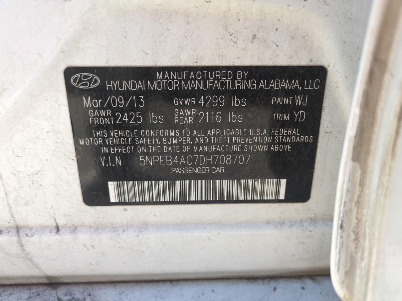 2013 Hyundai Sonata Gls VIN: 5NPEB4AC7DH708707 Lot: 80537235